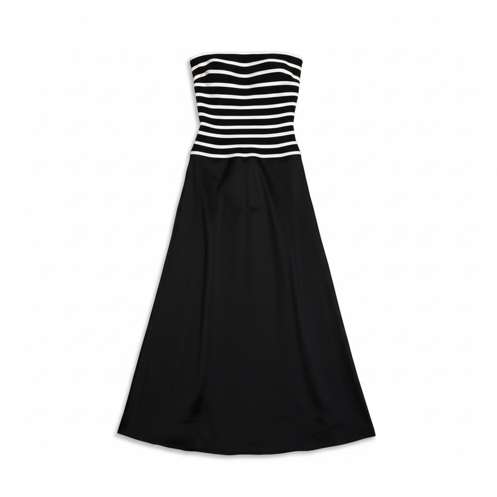 Vintage‎ Caché Strapless Black & White Striped Maxi Dress Size 6 Made in USA